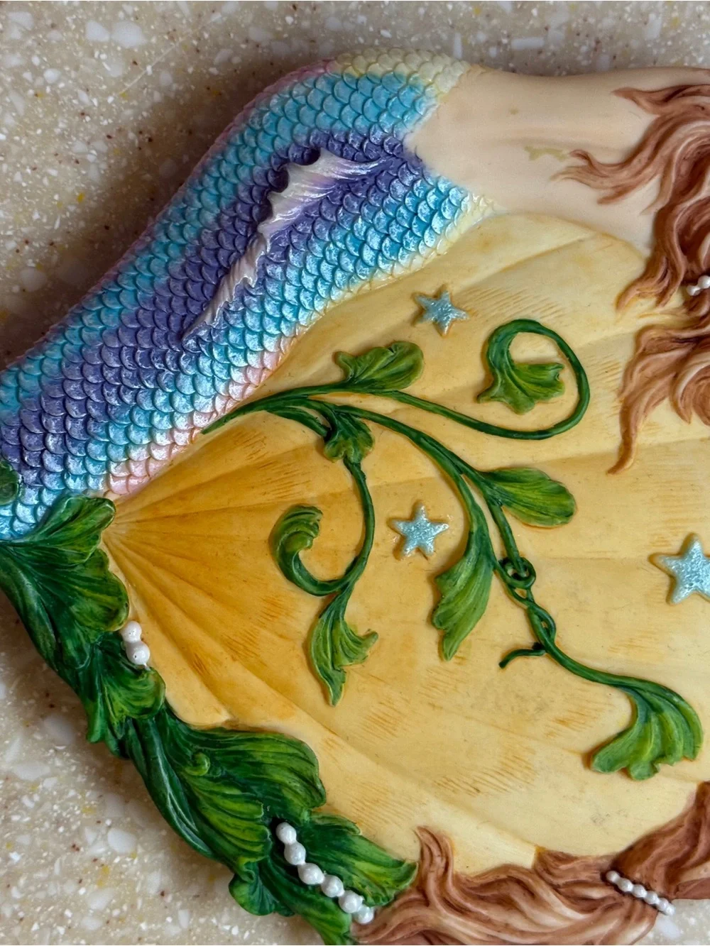 Mermaid Scale Hand Mirror with Green Leaf Accents